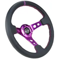 Nrg Reinforced Steering Wheel (350mm / 3in. Deep) Black Leather w/Purple Center & Purple Stitching