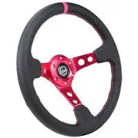 Nrg Reinforced Steering Wheel (350mm/3in. Deep) Black Leather/ Fushia Center Mark/ Fushia Stitching