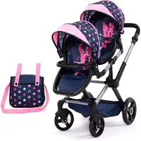 Bayer - Tweeling poppenwagen Twin Xeo, wagen, verstelbare handgreep, tas, blauw, roze, sterren
