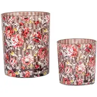 Clayre & Eef Theelichthouder Set van 2 Ø 7x8 / 10x13 cm Bruin Rood Glas Bloemen