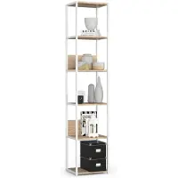 Akord Open Boekenkast, Ladderkast, Loft Design / Metalen Vakkenkast met 6 Planken / Opbergplank / Boekenrek Opslagrek / Wit - Sonoma Eik / 40 x 192 x 32 cm