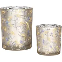 Clayre & Eef Theelichthouder Set van 2 Ø 7x8 / 10x13 cm Grijs Glas Bloemen
