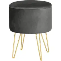 Akord Ronde Opbergpoef in Grijs Fluweel met Gouden Stalen Basis - Zelfmontage Poef 45x35 cm