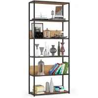 Akord Open Boekenkast, Ladderkast, Loft Design / Metalen Vakkenkast met 6 Planken / Opbergplank / Boekenrek Opslagrek / Zwart - Craft Eik / 80 x 192 x 32 cm