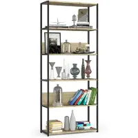 Akord Open Boekenkast, Ladderkast, Loft Design / Metalen Vakkenkast met 6 Planken / Opbergplank / Boekenrek Opslagrek / Zwart - Artisan Eik / 80 x 192 x 32 cm