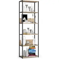 Akord Open Boekenkast, Ladderkast, Loft Design / Metalen Vakkenkast met 6 Planken / Opbergplank / Boekenrek Opslagrek / Zwart - Sonoma Eik / 60 x 192 x 32 cm