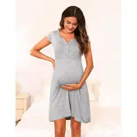 Karma Zwangerschaps Nachthemd Knop Borstvoeding Nachtkleding Zachte Kant Verpleging Nachtjapon Katoen Loungewear V-hals Zwangerschapspyjama Nachtshirt voor Zwanger maat XL