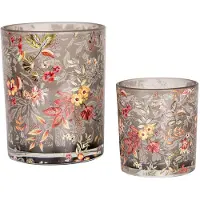 Clayre & Eef Theelichthouder Set van 2 Ø 7x8 / 10x13 cm Grijs Glas Bloemen