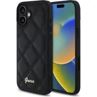 GUESS telefoonhoesje, quiltmotief, metalen logo, voor iPhone 16 Plus - zwart