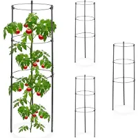 Relaxdays tomatensteun set van 4 - metaal - kunststof - 60 cm - 3 verstelbare ringen - plantensteun - zwart