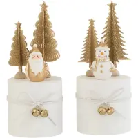J-Line Kerstman/sneeuwman op voet rond hout wit/goud assortiment van 2