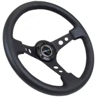 Nrg Reinforced Steering Wheel (350mm / 3in. Deep) Blk Leather w/Blk Spoke & Circle Cutouts