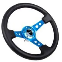 Nrg Reinforced Steering Wheel (350mm / 3in. Deep) Blk Leather w/Blue Circle Cutout Spokes