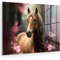 MuchoWow Glasschilderij 80x60 cm - Schilderij acrylglas - Paard - Bloemen - Roze - Natuur - Bos - Foto op glas - Muurdecoratie woonkamer - Wanddecoratie slaapkamer - Schilderijen