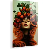MuchoWow Glasschilderij 80x120 cm - Schilderij acrylglas - Vrouw - Aardbeien - Kroon - Foto op glas - Muurdecoratie woonkamer - Wanddecoratie slaapkamer - Schilderijen