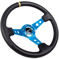 Nrg Reinforced Steering Wheel (350mm / 3in. Deep) Blk Leather w/Blue Cutout Spoke & Single Yellow CM