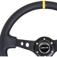 Nrg Reinforced Steering Wheel (350mm / 3in. Deep) Blk Leather w/Blk Cutout Spoke/Yellow Center Mark