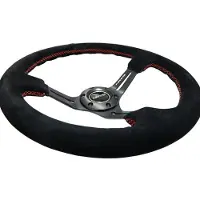 Nrg Reinforced Steering Wheel (350mm / 3in. Deep) Blk Suede w/Red Stitching & 5mm Spokes w/Slits