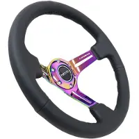 Nrg Reinforced Steering Wheel (350mm / 3in. Deep) Blk Leather/Blk Stitch w/Neochrome Slits