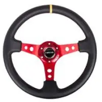 Nrg Reinforced Steering Wheel (350mm / 3in. Deep) Blk Leather w/Red Spokes & Sgl Yellow Center Mark