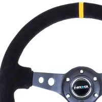Nrg Reinforced Steering Wheel (350mm / 3in. Deep) Blk Suede w/Circle Cut Spokes & Single Yellow CM