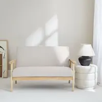Sweeek Tweezits bankje van hout met stoffen zitting Beige