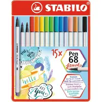 Stabilo Pen 68 Brush - Premium Brush Viltstift - Met Flexibele Penseelpunt - Metalen Etui Met 15 Verschillende Kleuren