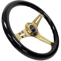 Nrg Classic Wood Grain Steering Wheel (350mm) Black Grip w/Chrome Gold 3-Spoke Center
