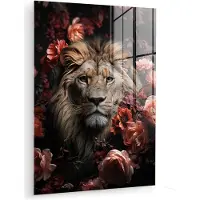 MuchoWow Glasschilderij 60x80 cm - Schilderij acrylglas - Leeuw - Dier - Natuur - Botanisch - Bloemen - Roze - Foto op glas - Muurdecoratie woonkamer - Wanddecoratie slaapkamer - Schilderijen