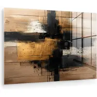 MuchoWow Glasschilderij 90x60 cm - Schilderij acrylglas - Modern - Zwart - Goud - Verf - Foto op glas - Muurdecoratie woonkamer - Wanddecoratie slaapkamer - Schilderijen