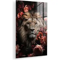 MuchoWow Glasschilderij 120x180 cm - Schilderij acrylglas - Leeuw - Dier - Natuur - Botanisch - Bloemen - Roze - Foto op glas - Muurdecoratie woonkamer - Wanddecoratie slaapkamer - Schilderijen
