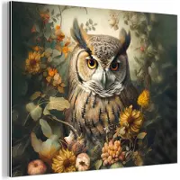 MuchoWow Aluminium schilderij 160x120 cm - Wanddecoratie metaal - Uil - Vogels - Bloemen - Natuur - Metalen muurdecoratie woonkamer - Decoratie industrieel - Foto op dibond - Industriële accessoires slaapkamer