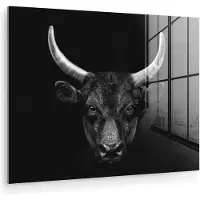MuchoWow - Glasschilderij - Foto op glas - Dieren - Stier - Zwart - Wit - Acrylglas - 160x120 cm - Woonkamer - Muurdecoratie glas - Glasschilderij zwart wit - Wanddecoratie