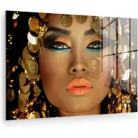 MuchoWow Glasschilderij 120x80 cm - Schilderij acrylglas - Vrouw - Cleopatra - Goud - Sieraden - Make up - Luxe - Foto op glas - Muurdecoratie woonkamer - Wanddecoratie slaapkamer - Schilderijen