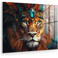 MuchoWow Glasschilderij 40x30 cm - Schilderij acrylglas - Leeuw - Bladeren - Jungle - Veren - Foto op glas - Muurdecoratie woonkamer - Wanddecoratie slaapkamer - Schilderijen