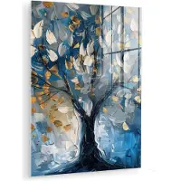 MuchoWow Glasschilderij 120x160 cm - Schilderij acrylglas - Boom - Blauw - Goud - Abstract - Foto op glas - Muurdecoratie woonkamer - Wanddecoratie slaapkamer - Schilderijen
