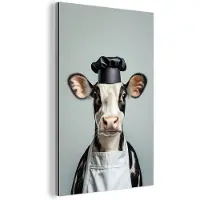 MuchoWow Aluminium schilderij 80x120 cm - Wanddecoratie metaal - Koe - Zwart - Wit - Kok - Metalen muurdecoratie woonkamer - Decoratie industrieel - Foto op dibond - Industriële accessoires slaapkamer