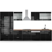 Vicco Complete keukeneenheid R-Line Zwart hoogglans/wit 350 cm met hoge kast, WB Eik, Model 42765