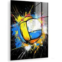 MuchoWow Glasschilderij 90x120 cm - Schilderij acrylglas - Graffiti - Sport - Volleybal - Bal - Foto op glas - Muurdecoratie woonkamer - Wanddecoratie slaapkamer - Schilderijen
