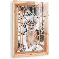 MuchoWow Glasschilderij 120x160 cm - Schilderij acrylglas - Doorkijk - Hert - Sneeuw - Winter - Bos - Dieren - Foto op glas - Muurdecoratie woonkamer - Wanddecoratie slaapkamer - Schilderijen
