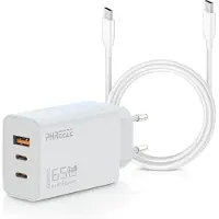 Phreeze USB C Adapter 65W + USB C Naar USB C Kabel 3 Meter - 2 USB-C & 1 USB-A Snellader - Laptop Oplader Geschikt voor iPhone 15, 16 , Samsung S20, S21, S22, S23, S24, Macbook - Wit
