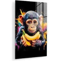 MuchoWow Glasschilderij 40x60 cm - Schilderij acrylglas - Aap - Graffiti - Kleurrijk - Bananen - Modern - Foto op glas - Muurdecoratie woonkamer - Wanddecoratie slaapkamer - Schilderijen