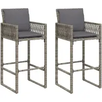 The Living Store Tuinset - Tuinbank - Tuinbarkrukken met kussens 2 st poly rattan grijs - Buis Meubilair - Lounge Stoel - Outdoor Bank