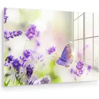 MuchoWow Glasschilderij 180x120 cm - Schilderij acrylglas - Lavendel - Vlinder - Bloemen - Foto op glas - Muurdecoratie woonkamer - Wanddecoratie slaapkamer - Schilderijen