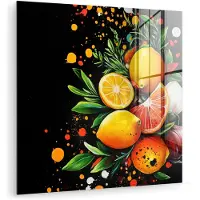 MuchoWow Glasschilderij 90x90 cm - Schilderij acrylglas - Citroenen - Zwart - Kruiden - Graffiti - Verf - Foto op glas - Muurdecoratie woonkamer - Wanddecoratie slaapkamer - Schilderijen