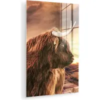 MuchoWow Glasschilderij 120x180 cm - Schilderij acrylglas - Schotse hooglander - Zon - Horizon - Koe - Dieren - Foto op glas - Muurdecoratie woonkamer - Wanddecoratie slaapkamer - Schilderijen