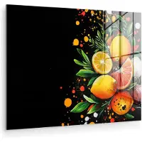 MuchoWow Glasschilderij 160x120 cm - Schilderij acrylglas - Citroenen - Zwart - Kruiden - Graffiti - Verf - Foto op glas - Muurdecoratie woonkamer - Wanddecoratie slaapkamer - Schilderijen
