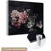 MuchoWow Glasschilderij bloemen - Vintage - Pastel - Zwart - Boeket - Schilderij glas - 160x120 cm - Decoratie bloemen - Acrylglas - Foto op Glas