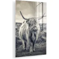 MuchoWow Glasschilderij 100x150 cm - Schilderij acrylglas - Schotse hooglander - Dieren - Wolken - Koe - Natuur - Foto op glas - Muurdecoratie woonkamer - Wanddecoratie slaapkamer - Schilderijen