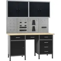 The Living Store Staal Werkbank - Werkbank - Werkbank met vier wandpanelen en twee kasten - Houten Werkbank - Multifunctionele Werkbank - Gereedschapkast